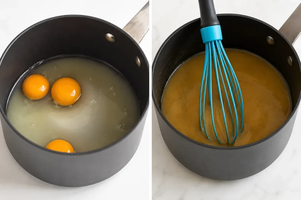 Lemon Curd Cheesecake lemon curd ingredients whisked in a saucepan