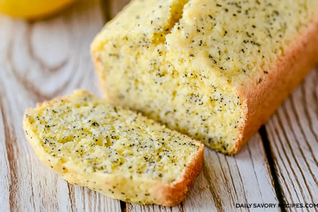 Baked Lemon Poppy Seed Zucchini Bread mini loaf with sliced tender crumb