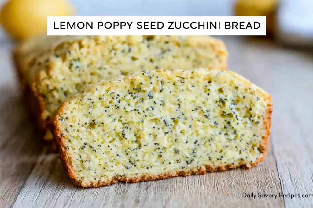 Soft sliced Lemon Poppy Seed Zucchini Bread showing poppy seeds and tender crumb
