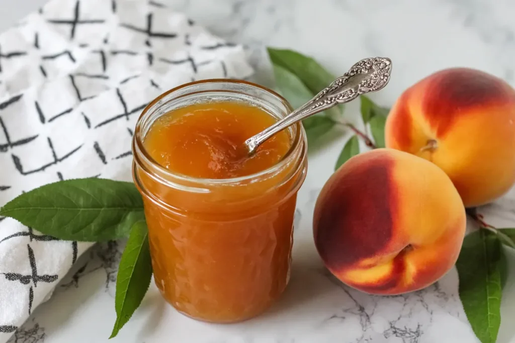 Open jar of Stovetop Peach Butter with ripe peaches and kitchen towel