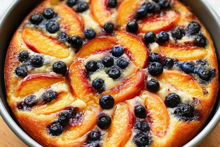 Chef Taha Ayad's Recipe Peach and Blueberry Greek Yogurt Cake with fresh peaches and blueberries