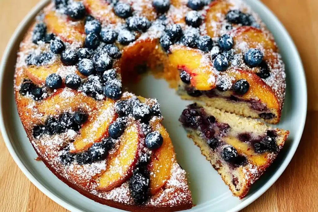 Peach and Blueberry Greek Yogurt Cake for Summer Baking 34 Peach and Blueberry Greek Yogurt Cake with one slice removed and powdered sugar topping