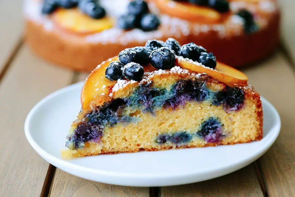 Peach and Blueberry Greek Yogurt Cake for Summer Baking 33 Slice of Peach and Blueberry Greek Yogurt Cake with juicy blueberries and baked peaches