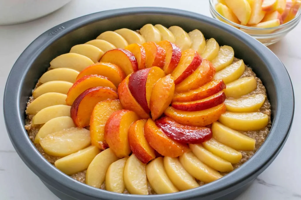 Peach Upside Down Cake peach slices arranged over brown sugar butter topping in a cake pan