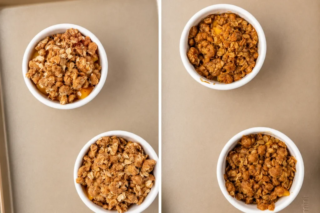 Peach Crisp for Two assembled in ramekins with oat topping before baking