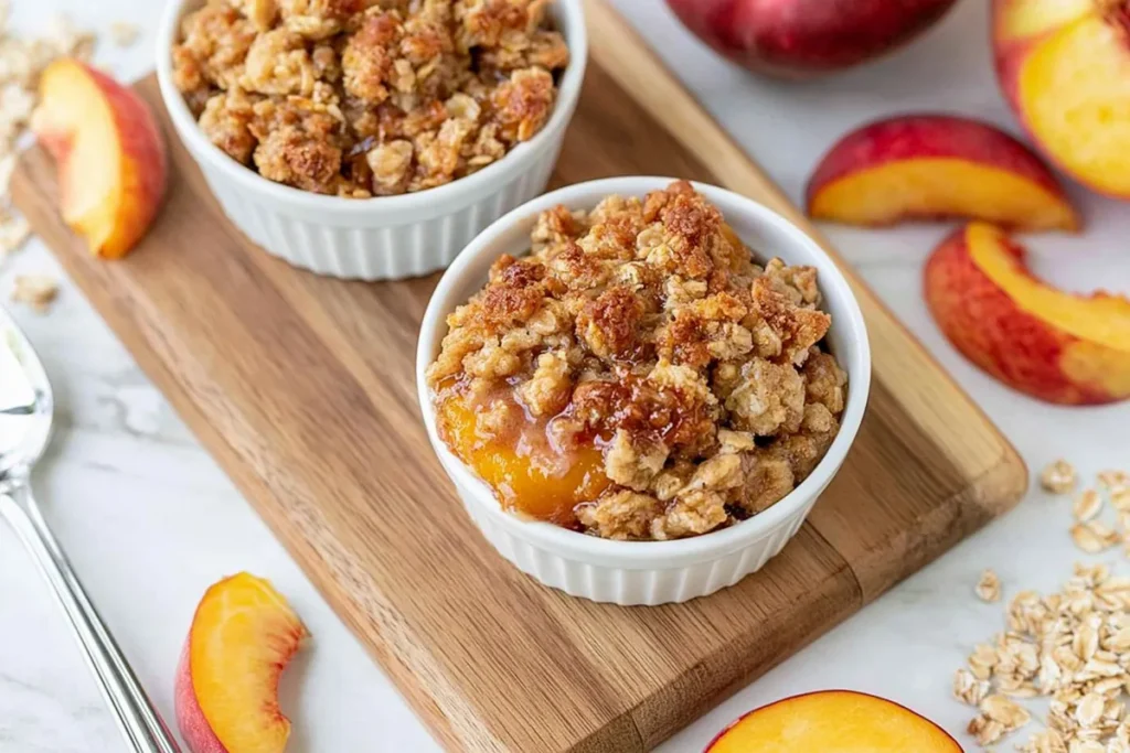 Peach Crisp for Two baked until golden with bubbling peach filling