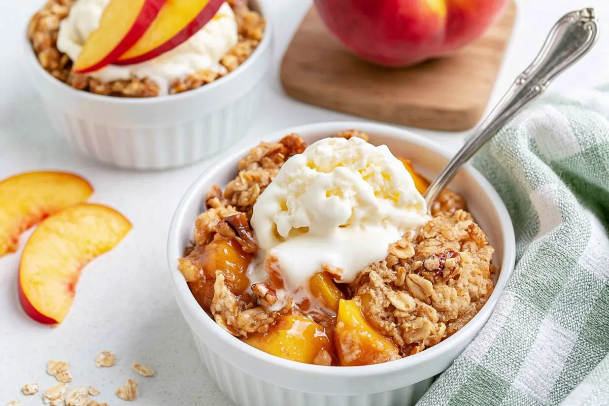 Chef Taha Ayad's Recipe Peach Crisp for Two served warm with vanilla ice cream