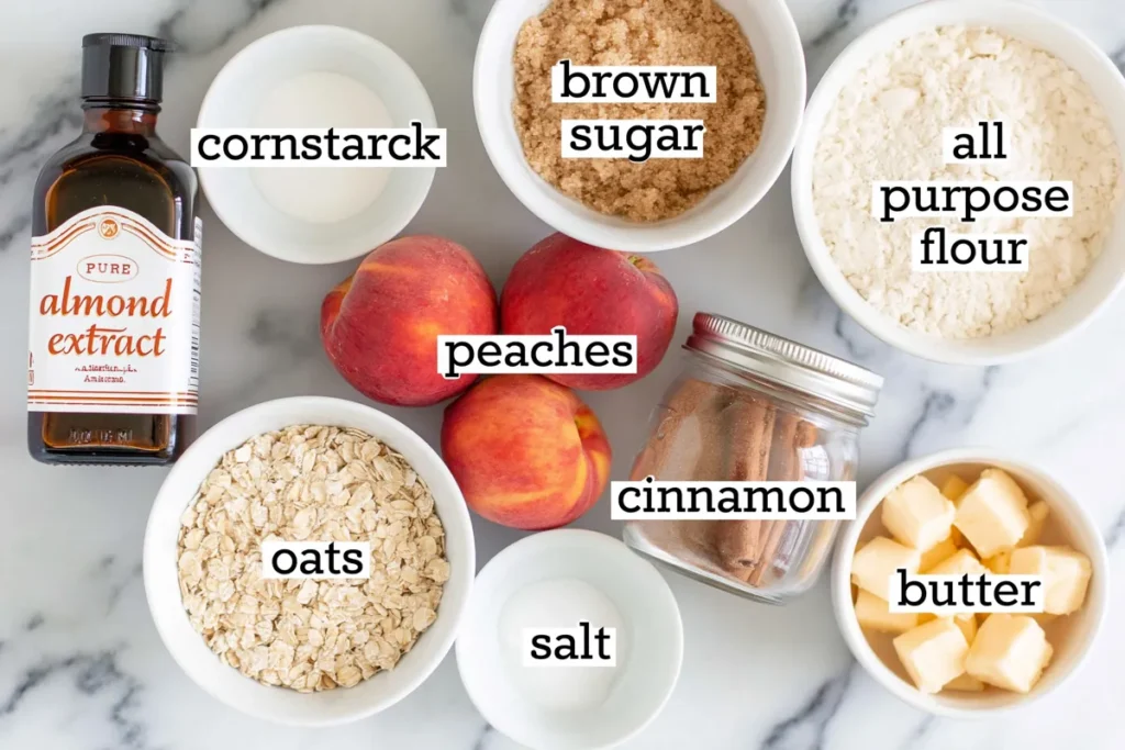 Peach Crisp for Two ingredients with fresh peaches oats brown sugar and butter