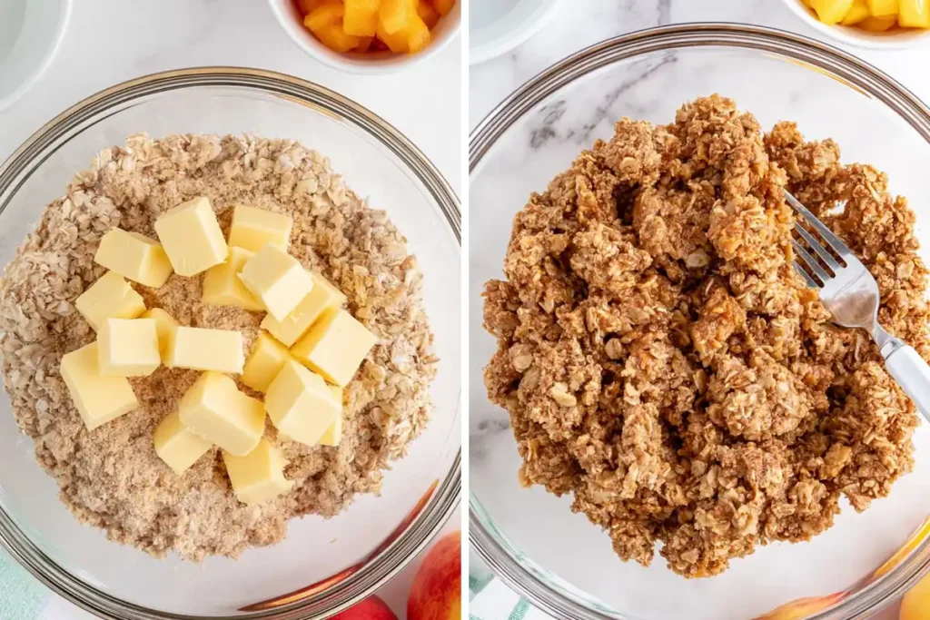 Peach Crisp for Two oat crumble topping mixed with cold butter and cinnamon