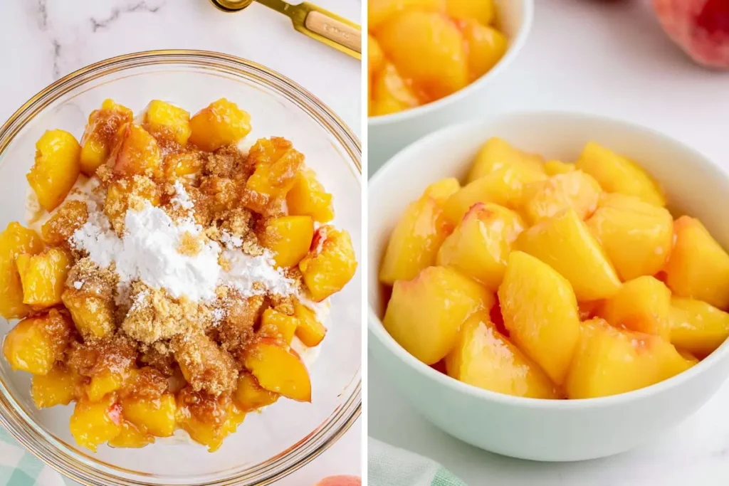 Peach Crisp for Two peach filling divided into small ramekins before baking