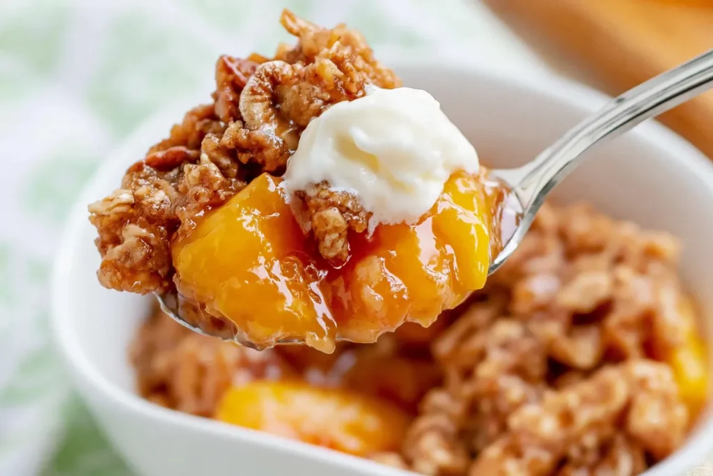 Close-up spoonful of Peach Crisp for Two with tender peaches and oat crumble