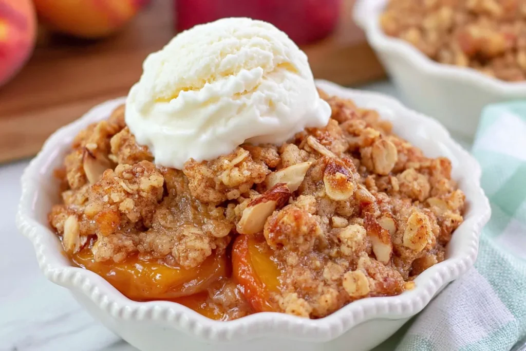 Peach Crisp for Two served warm with vanilla ice cream on top