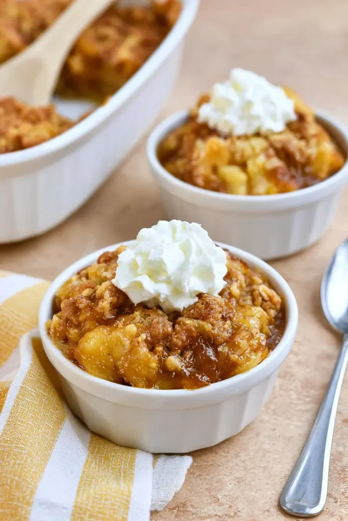 Warm Peach Dump Cake served in bowls with whipped cream topping