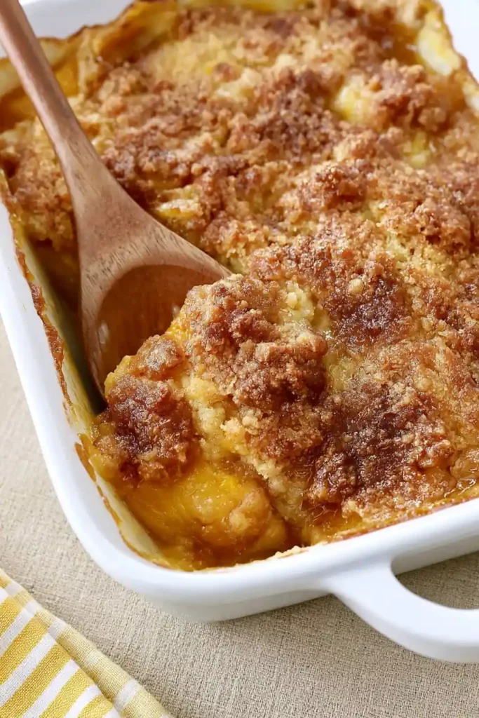 Close-up Peach Dump Cake with crisp golden topping and soft peach filling