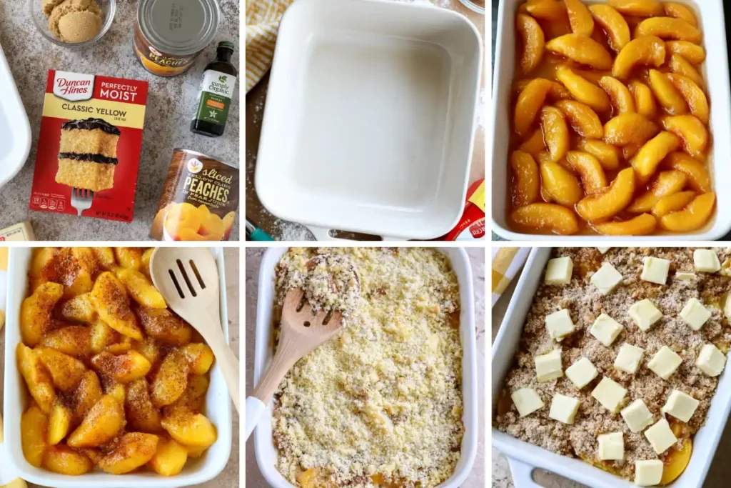 Peach Dump Cake ingredients and baking process in a white casserole dish