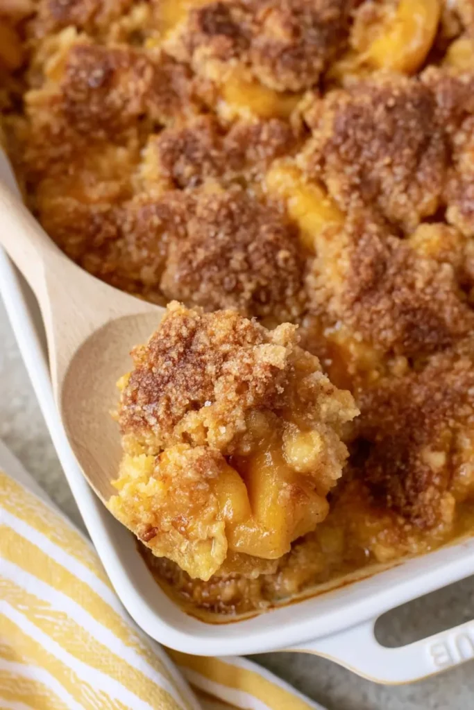 Peach Dump Cake served warm from a white casserole dish with golden peach filling