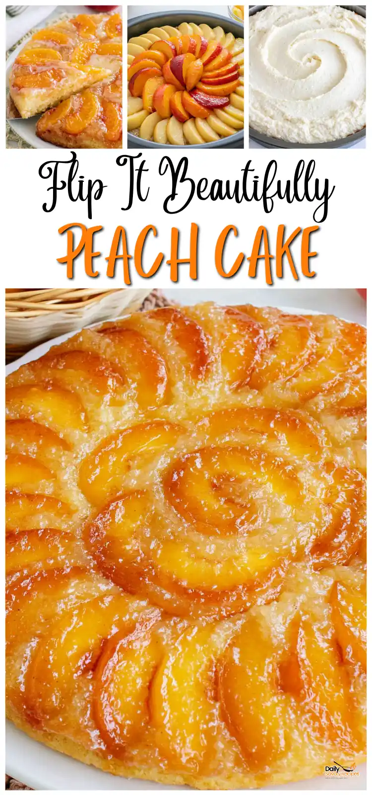 Peach Upside Down Cake recipe with caramelized brown sugar peaches and soft vanilla cake