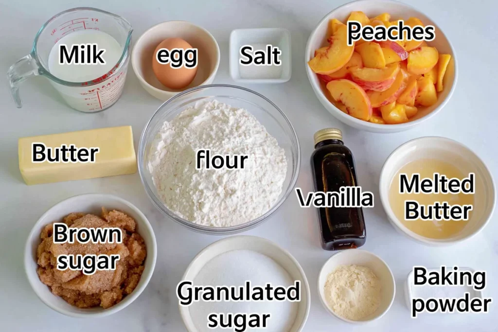Peach Upside Down Cake ingredients with peaches, brown sugar, butter, flour, milk, egg, and vanilla