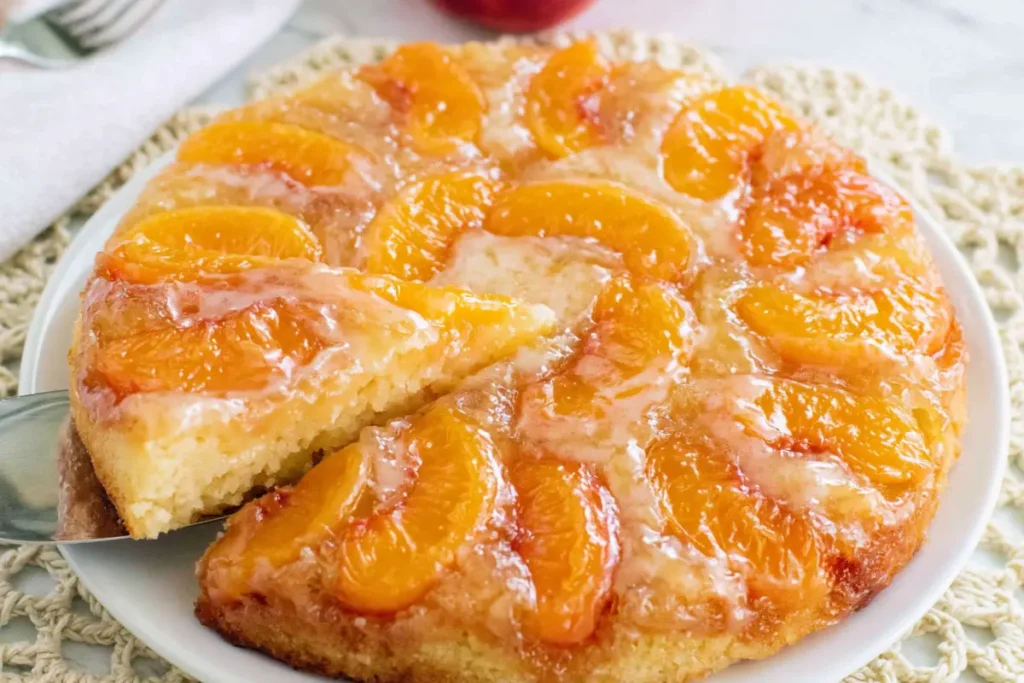 Peach Upside Down Cake slice with caramelized peaches and tender vanilla cake crumb