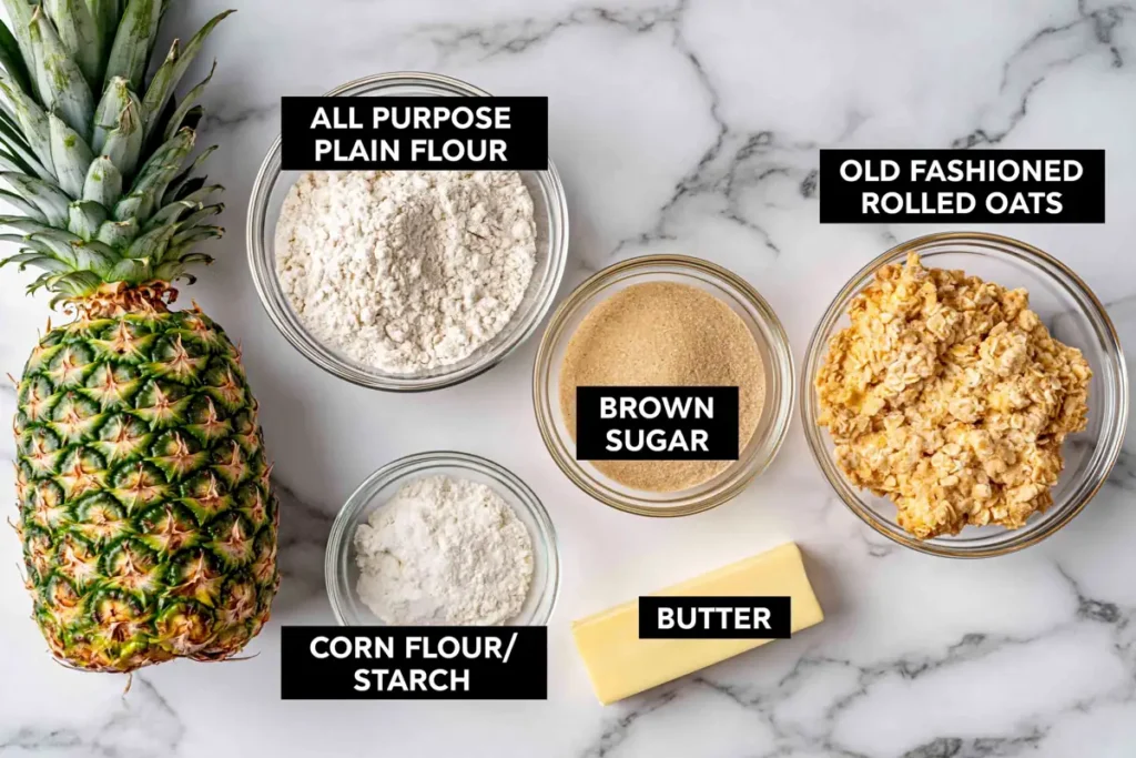 Pineapple Crisp ingredients with fresh pineapple oats brown sugar butter flour and cornstarch