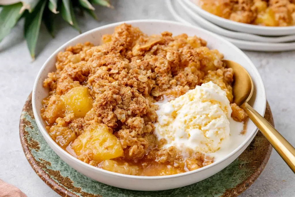 Rustic oat crumble topping spread over fresh pineapple for Pineapple Crisp