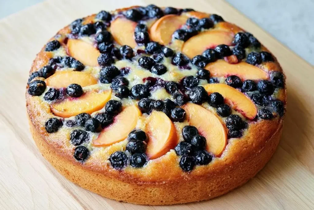 Peach and Blueberry Greek Yogurt Cake for Summer Baking 32 Peach and Blueberry Greek Yogurt Cake dusted with powdered sugar on a wooden surface