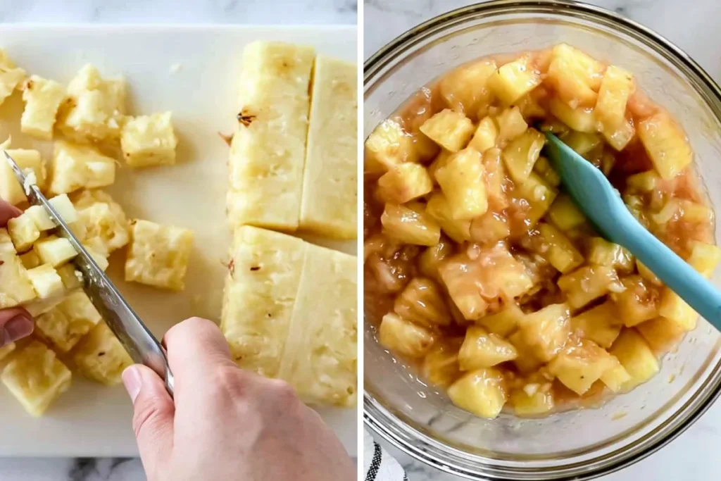 Fresh pineapple cut into chunks for Pineapple Crisp