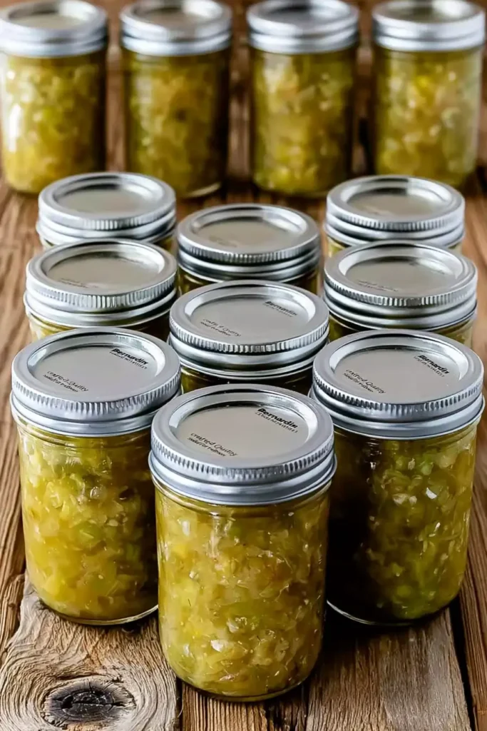 Sealed Jars of Homemade Sweet Cucumber Relish Ready for Water Bath Canning