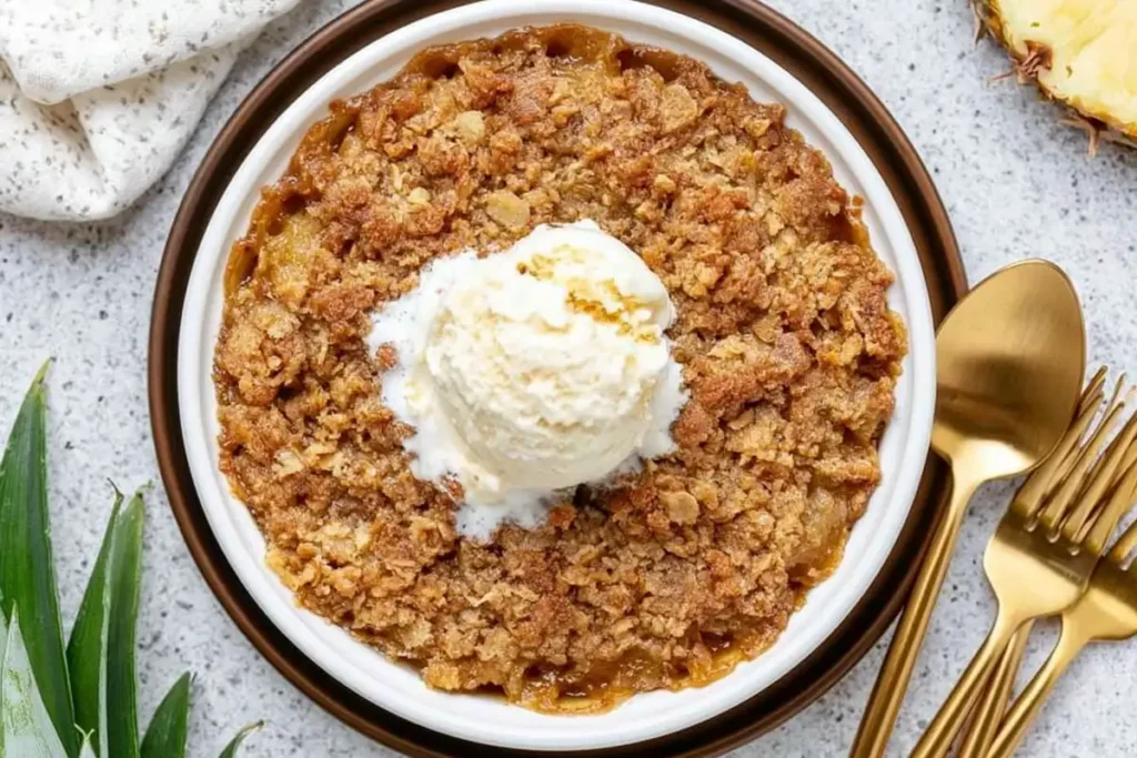 Served Pineapple Crisp with vanilla ice cream on a dessert plate