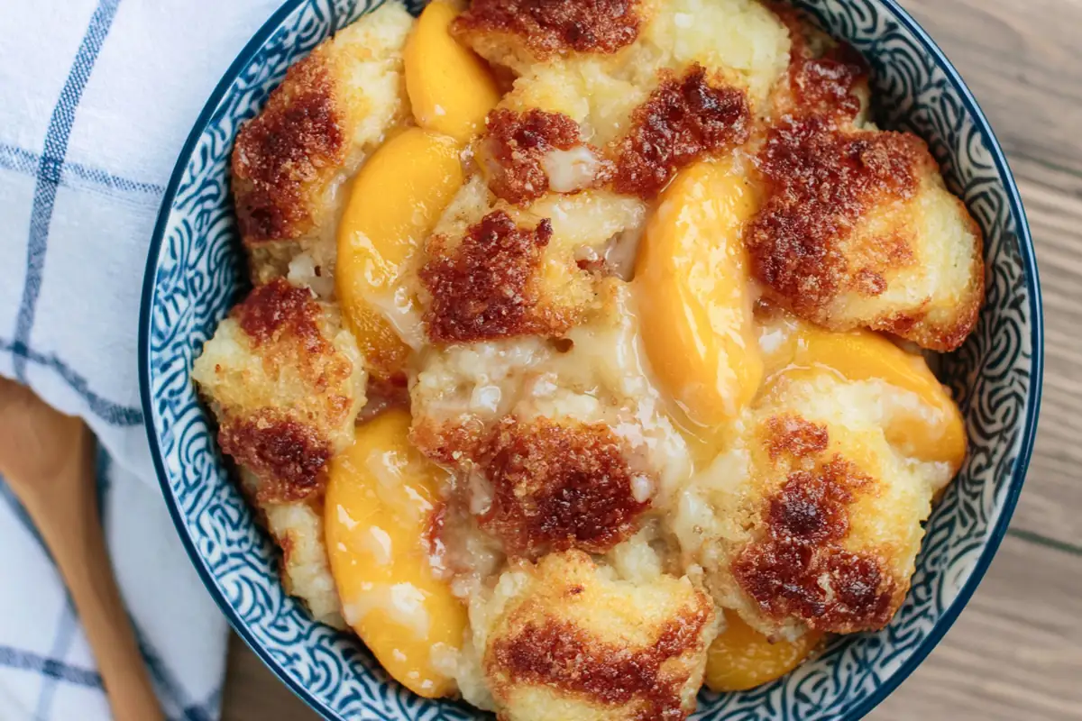Chef Taha Ayad's Recipe Southern Peach Cobbler with buttery rising crust and vanilla ice cream