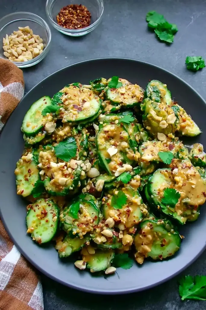 Spicy Peanut Cucumber Salad with Crunchy Peanuts and Fresh Herbs 7 Spicy Peanut Cucumber Salad with creamy dressing toasted peanuts and red pepper flakes