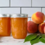 Chef Taha Ayad's Recipe Stovetop Peach Butter in sealed jars with fresh peaches