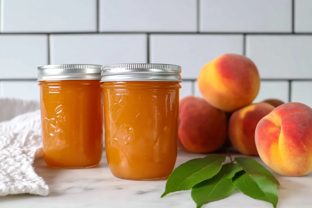 Chef Taha Ayad's Recipe Stovetop Peach Butter in sealed jars with fresh peaches
