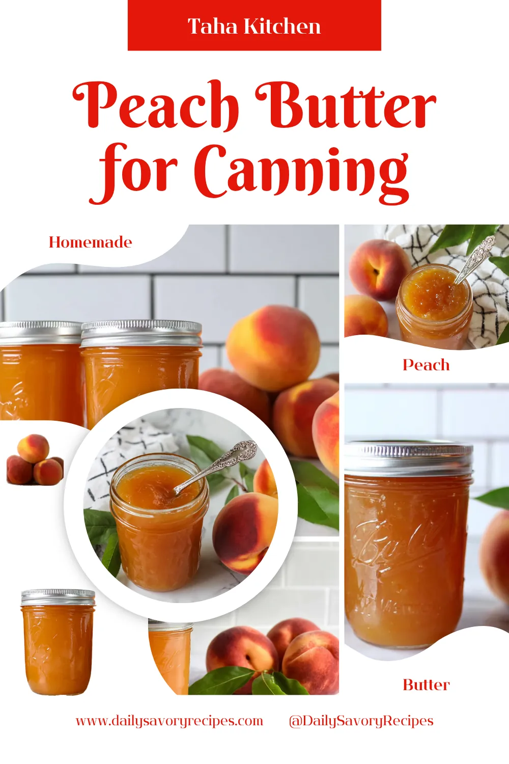 Stovetop Peach Butter recipe in jars with fresh peaches for homemade preserving