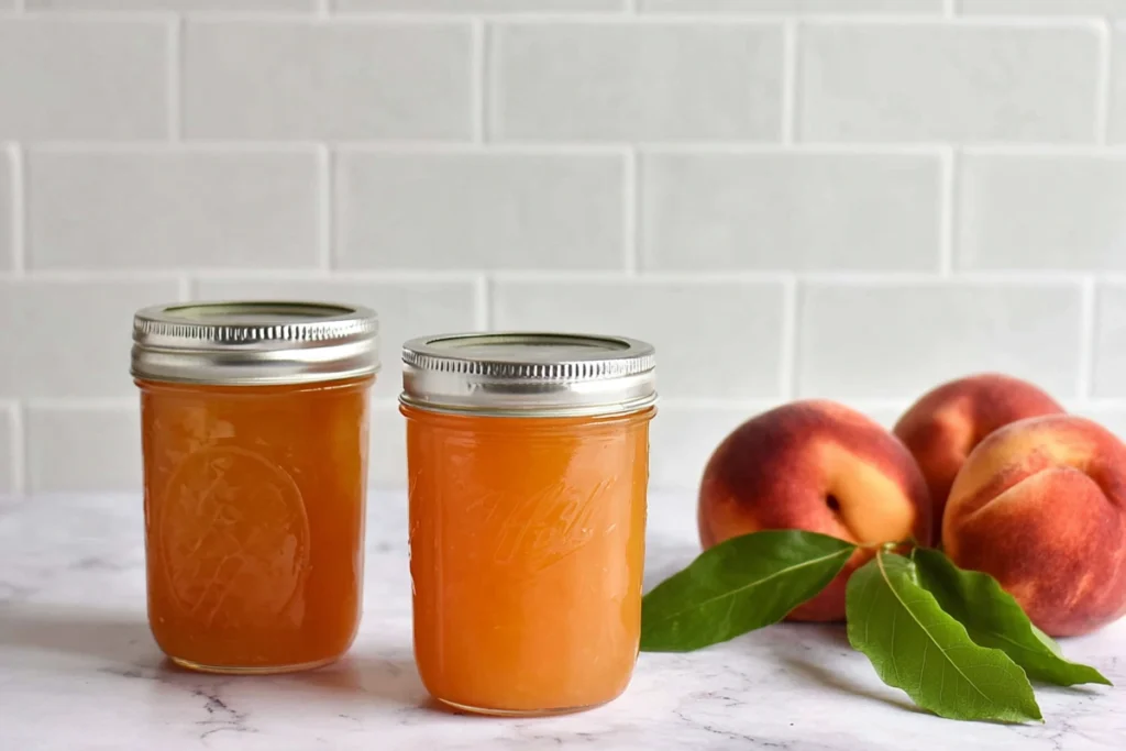 Stovetop Peach Butter ingredients with peaches sugar water and finished jars