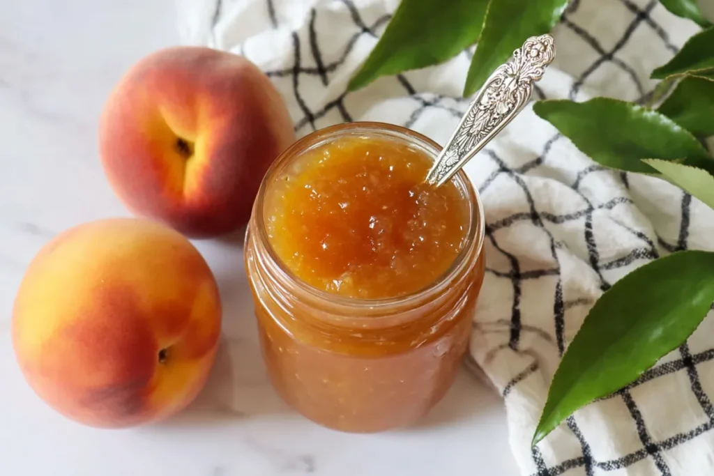 Thick Stovetop Peach Butter forming a mound on a spoon in a saucepan