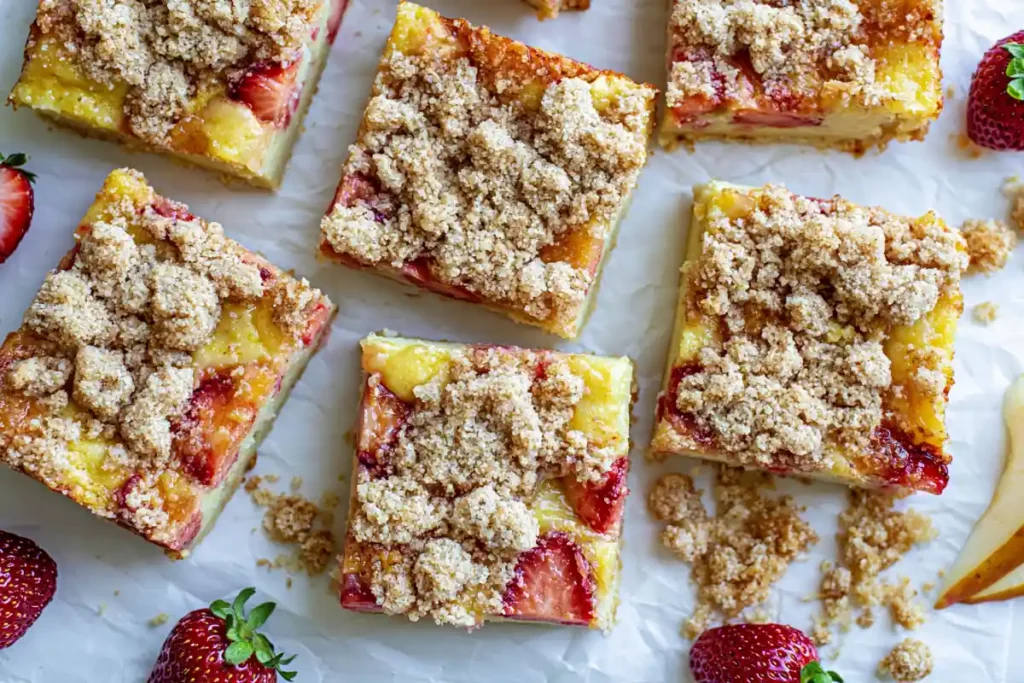 Strawberry Peach Buckle squares served with fresh peaches strawberries and streusel crumbs