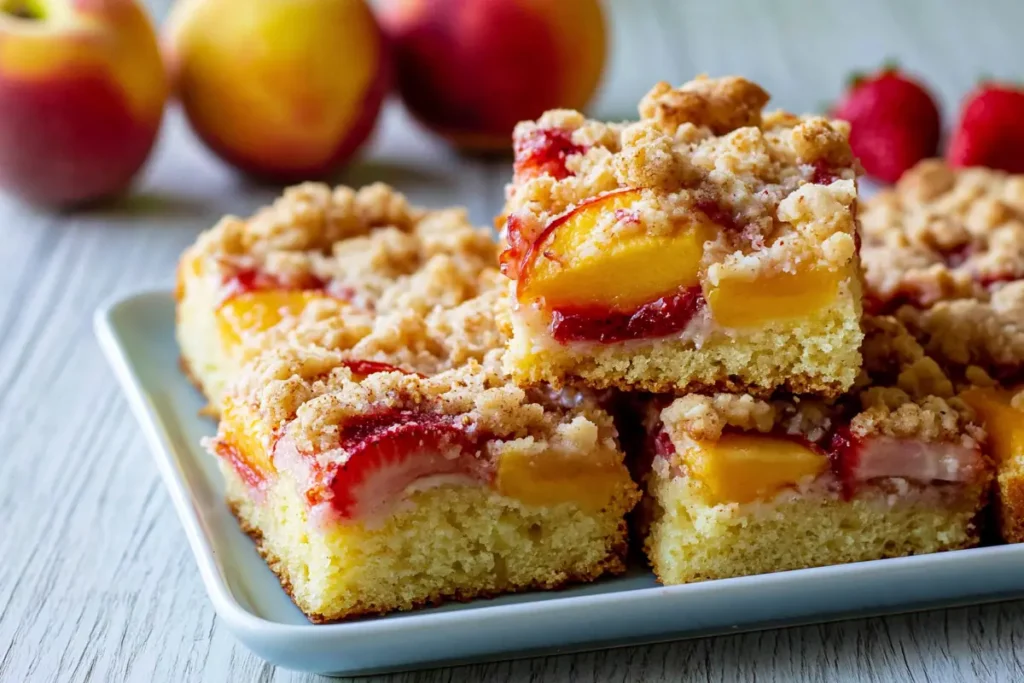 Stacked Strawberry Peach Buckle squares with peaches strawberries and buttery streusel