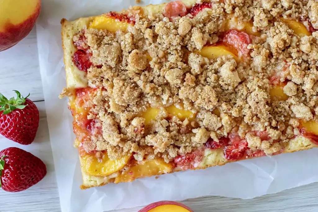 Strawberry Peach Buckle baked with fresh peaches strawberries and crumbly streusel topping