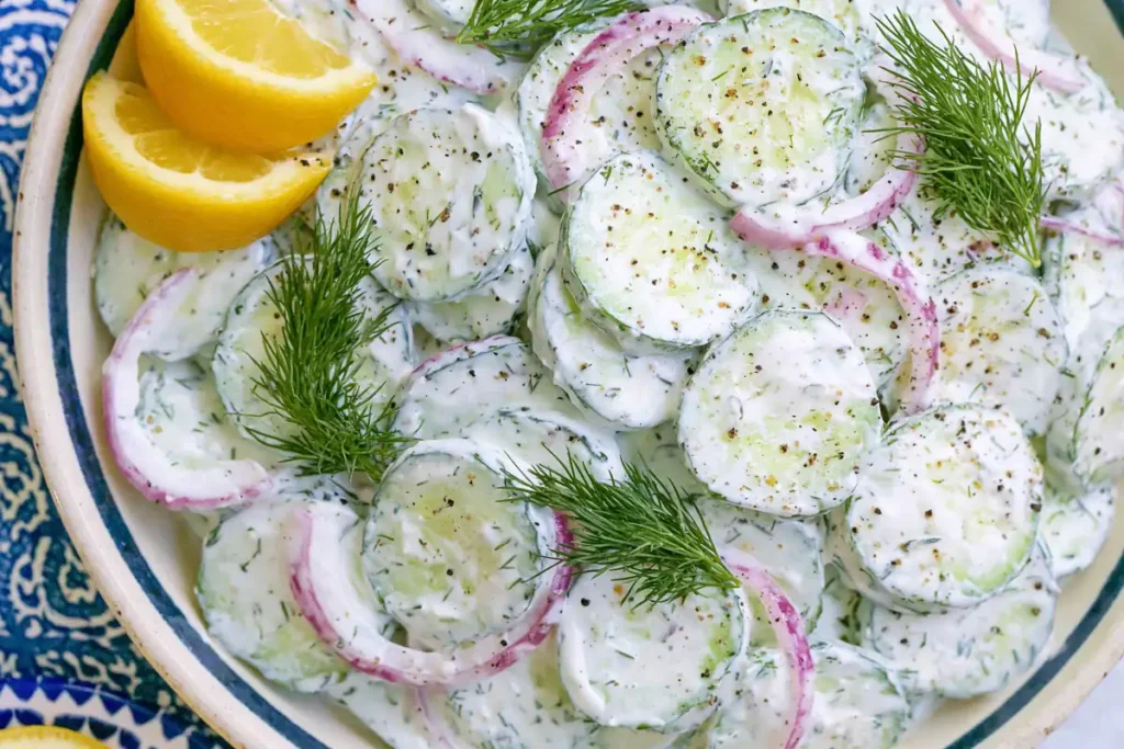 Creamy Tzatziki Cucumber Salad close-up with fresh dill, red onion, lemon wedges, and Greek yogurt dressing