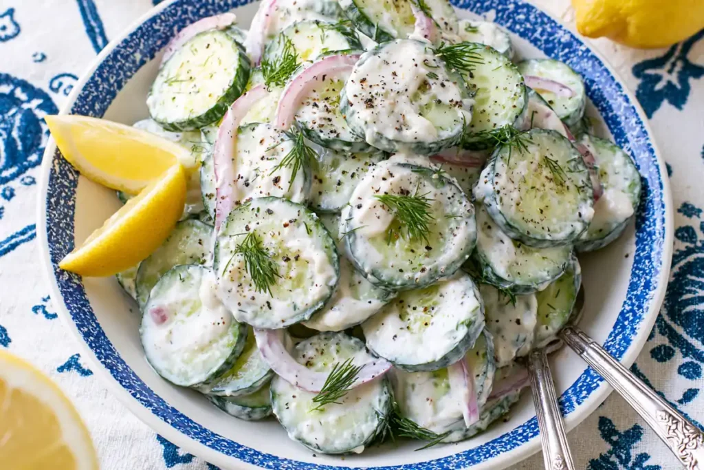 Tzatziki Cucumber Salad with creamy Greek yogurt dressing, cucumber slices, red onion, dill, and lemon