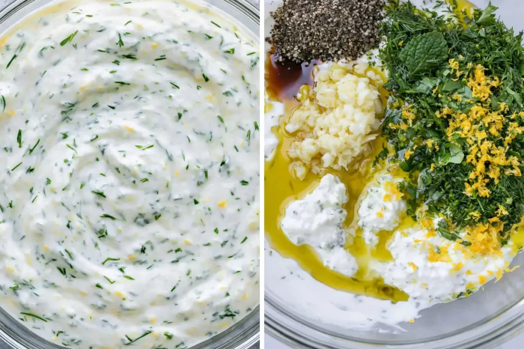 Tzatziki Cucumber Salad Greek yogurt dressing before and after mixing with herbs, lemon, garlic, and olive oil
