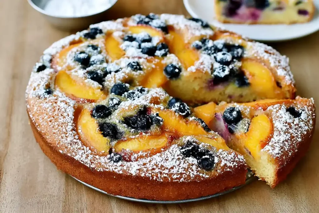 Peach and Blueberry Greek Yogurt Cake for Summer Baking 30 Peach and Blueberry Greek Yogurt Cake with a sliced tender crumb and powdered sugar topping
