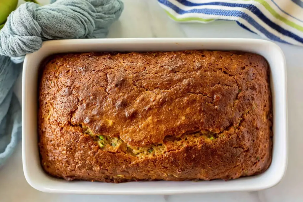 Vegan Zucchini Bread with Warm Spices and a Tender Crumb 34 Freshly baked Vegan Zucchini Bread in a white loaf pan with a golden cracked top