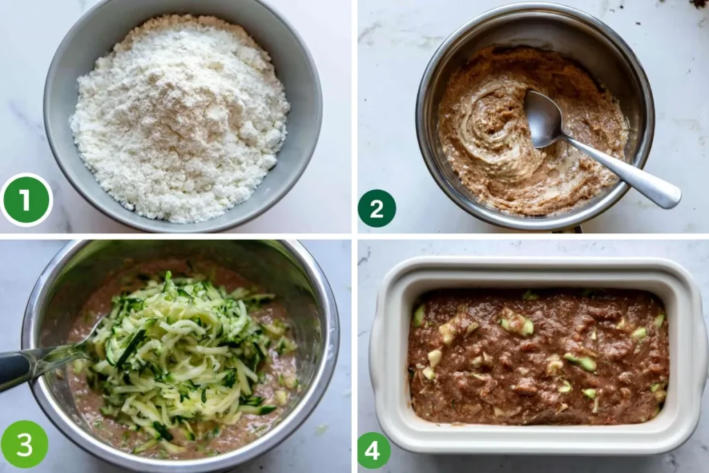 Vegan Zucchini Bread with Warm Spices and a Tender Crumb 33 Vegan Zucchini Bread process showing dry ingredients, wet batter, grated zucchini, and batter in a loaf pan