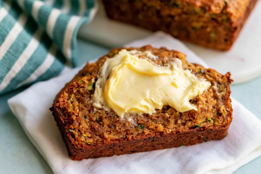 Vegan Zucchini Bread with Warm Spices and a Tender Crumb 35 Vegan Zucchini Bread slice with vegan butter showing a soft moist crumb and zucchini flecks