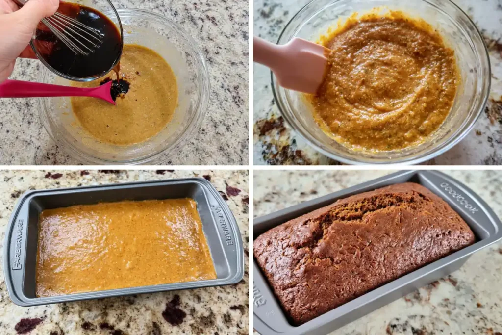 Zucchini Gingerbread Loaf with Molasses and Warm Spices 31 Zucchini Gingerbread batter steps showing molasses mixture spiced batter loaf pan and baked quick bread