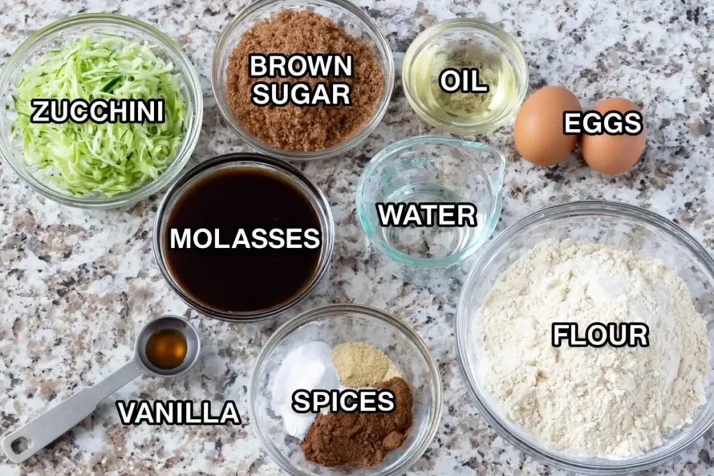 Zucchini Gingerbread Loaf with Molasses and Warm Spices 30 Zucchini Gingerbread ingredients with grated zucchini molasses brown sugar flour eggs and warm spices