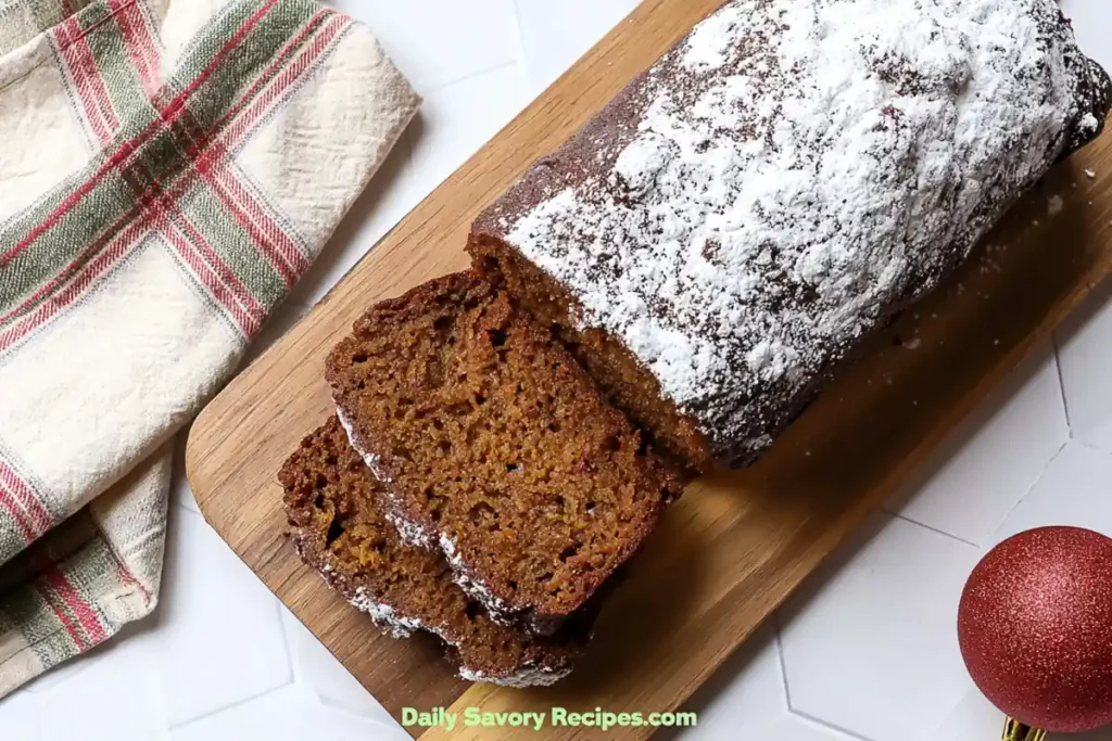 Zucchini Gingerbread Loaf with Molasses and Warm Spices 32 Sliced Zucchini Gingerbread loaf with confectioner's sugar on a wooden board