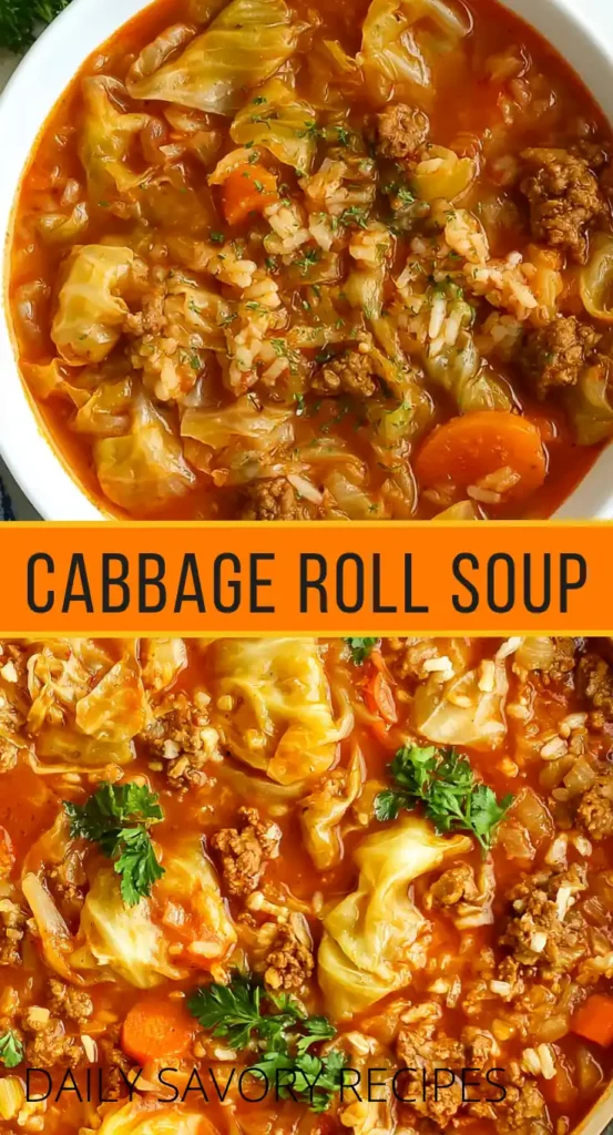 Cabbage Roll Soup: Hearty One-Pot Comfort Food 4 Hearty Cabbage Roll Soup recipe with ground beef, cabbage, carrots, rice, and tomato broth